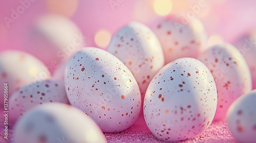   Group of spotted eggs on pink table with confetti decorations
