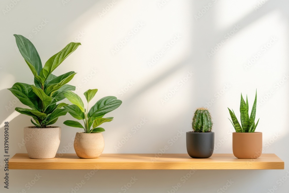Elegant indoor shelf display featuring four potted plants in various pots illuminated by natural light Elegant indoor shelf display featuring four potted plants in various pots illuminated by natural light