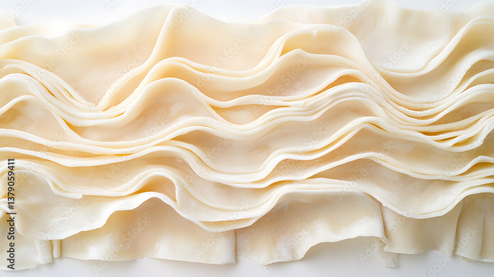 Fototapeta premium A close-up of lasagna sheets arranged in a symmetrical manner, showcasing their delicate texture and thin layers against a white backdrop.