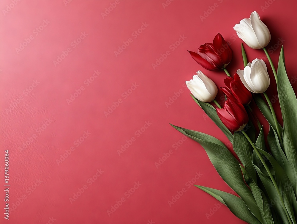 Fototapeta premium A bunch of red and white tulips on a red background