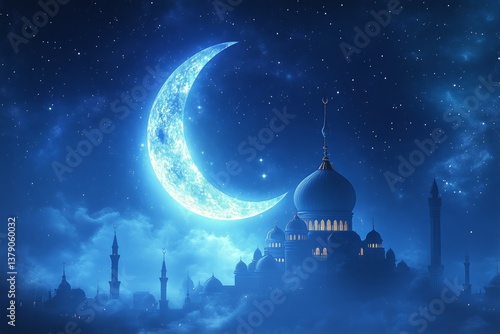 Nightly View of a Grand Mosque Illuminated Under a Bright Crescent Moon
