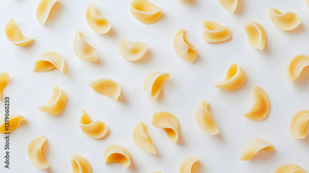 Obraz premium A close-up of macaroni noodles scattered in a random pattern across a plain white background.