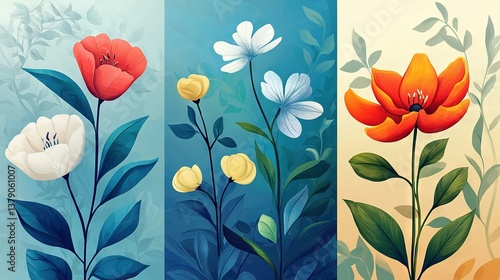 Wallpaper Mural   Three flowers in various colors against a blue-yellow-orange-white striped backdrop with green foliage Torontodigital.ca