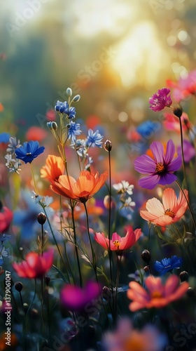 Beautiful Flowers Bloom Under Warm Sunlight in a Tranquil Garden at Sunset