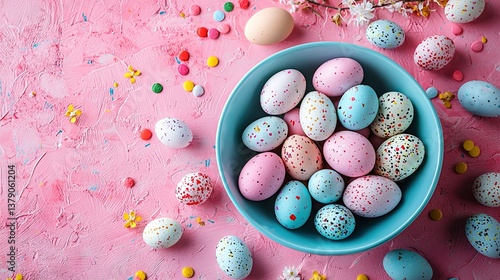   A blue bowl holds speckled eggs atop a pink surface adorned with confetti sprinkles
