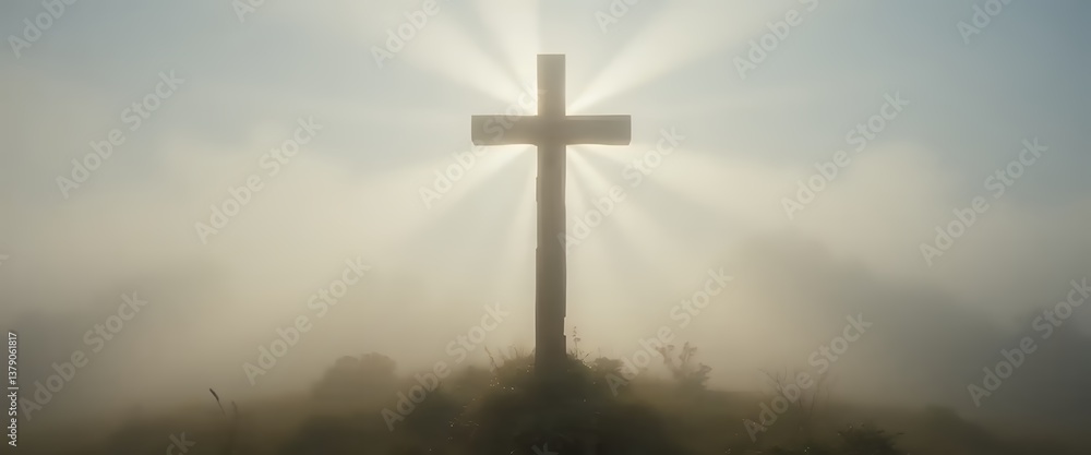 Wooden Cross Silhouette with Sun Rays Shining Through Foggy Landscape Wooden Cross Silhouette with Sun Rays Shining Through Foggy Landscape