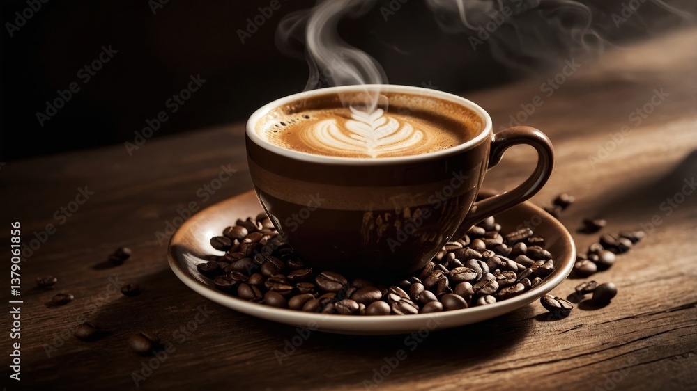 Steaming cup of coffee with latte art and coffee beans on wooden table Steaming cup of coffee with latte art and coffee beans on wooden table