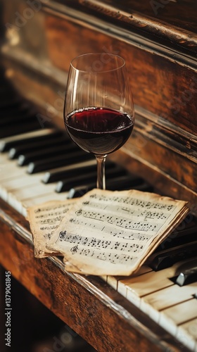 Elegant Wine Glass Rests on Sheet Music Atop a Vintage Piano During a Cozy Ev...