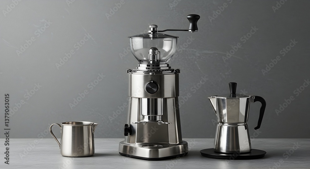 Preparing Coffee with Grinder, Moka Pot, and Pitcher on Tabletop Preparing Coffee with Grinder, Moka Pot, and Pitcher on Tabletop