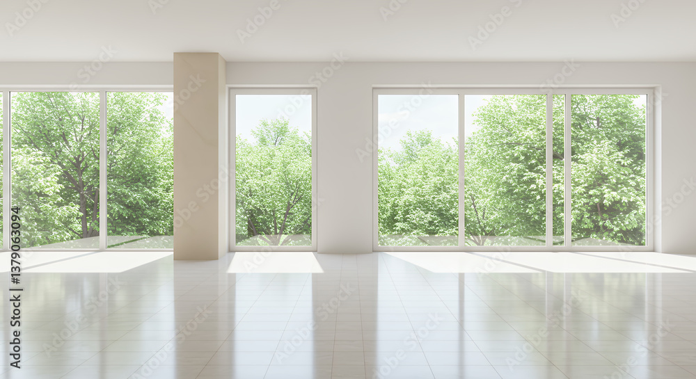 Fototapeta premium Bright Modern Interior: Sunlit Empty Room with Large Windows Overlooking Green Trees - Minimalist Design, Clean Aesthetics, Serene Atmosphere