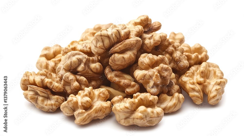 A small pile of whole walnut kernels with deep wrinkles and natural variations in color, ultra-HD, isolated on solid white background. A small pile of whole walnut kernels with deep wrinkles and natural variations in color, ultra-HD, isolated on solid white background.