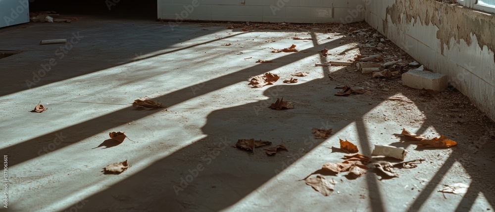 Obraz premium Abandoned building interior with fall leaves scattered, dappled sunlight casting geometric shadows, evoking decay and forgotten beauty.
