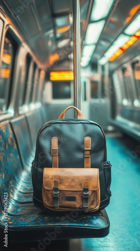 Backpack Placed on the Seat of an Empty Subway Train During the Day