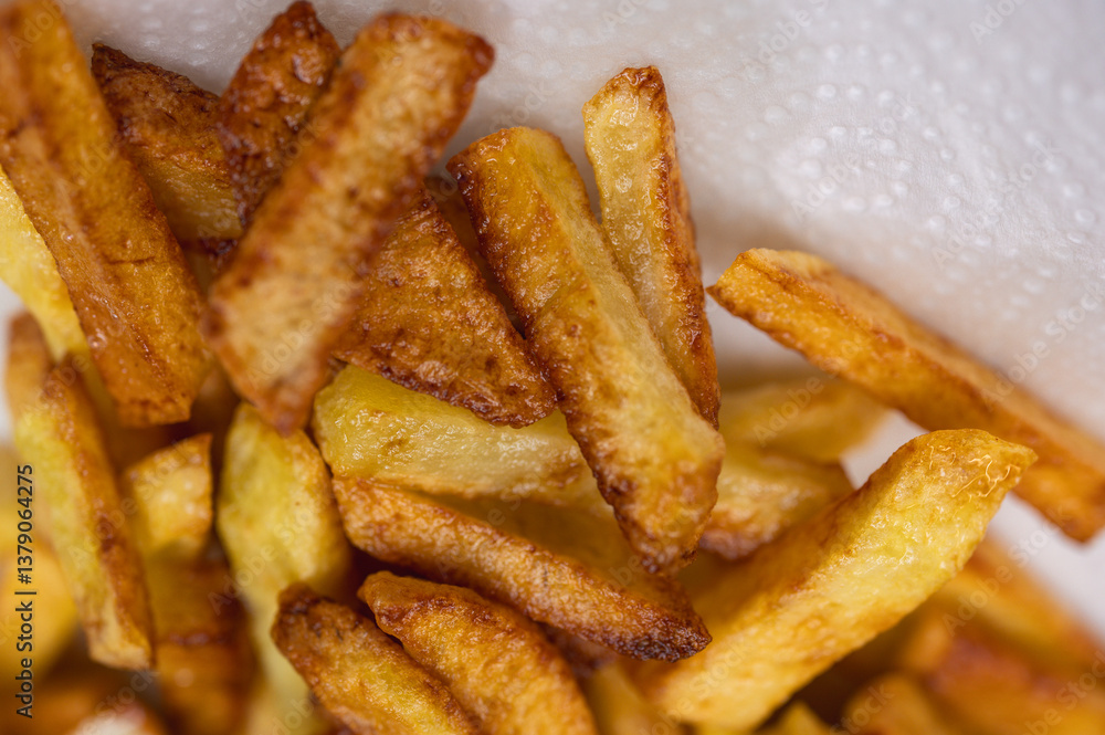 Golden crispy potato wedges sprinkled with sea salt, close-up. Perfect comfort food concept, perfect for fast food menus, advertising and food blogs, selective focus Golden crispy potato wedges sprinkled with sea salt, close-up. Perfect comfort food concept, perfect for fast food menus, advertising and food blogs, selective focus
