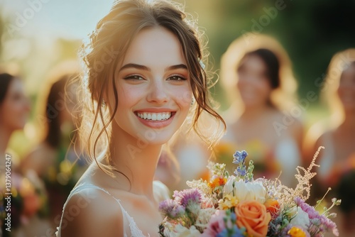 Bride Smiles Joyfully During Outdoor Wedding Ceremony With Colorful Bouquet a...