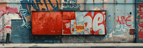 Urban Graffiti Wall Art - Vibrant graffiti art covers a weathered wall, showcasing a mix of styles and colors. Red panels stand out against the diverse backdrop