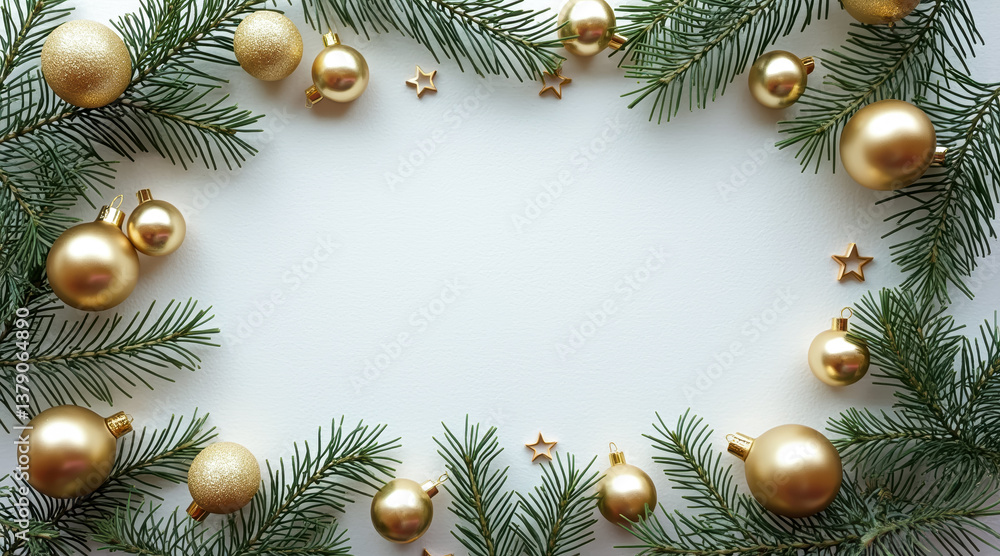 Fototapeta premium elegant golden christmas ornaments and pine sprigs frame on white background