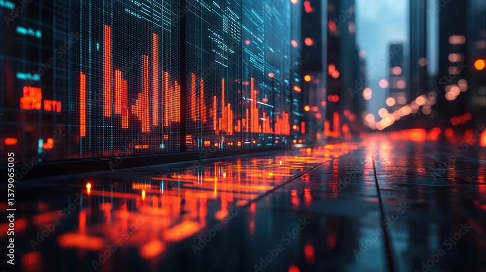 Obraz premium Futuristic Digital Cityscape: Advanced Data Analysis & Financial Market Visualization with Neon Elements
