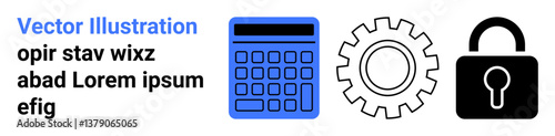 Calculator, gear, and lock icons in abstract design align with themes of finance, productivity, security, and functionality. Ideal for technology apps, fintech, productivity tools educational