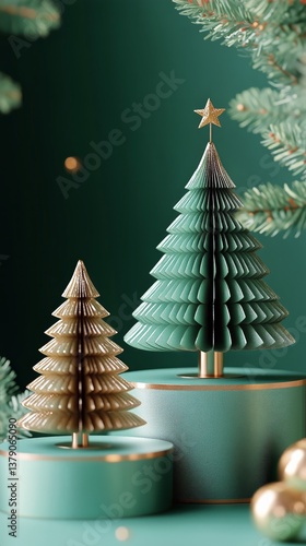 Decorative Holiday Trees and Ornaments on a Muted Green Background for Festiv...