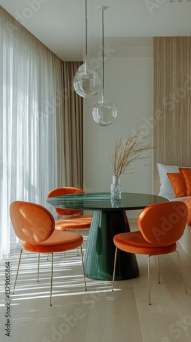 Stylish Modern Dining Area Featuring Orange Chairs and Unique Chandelier in B...