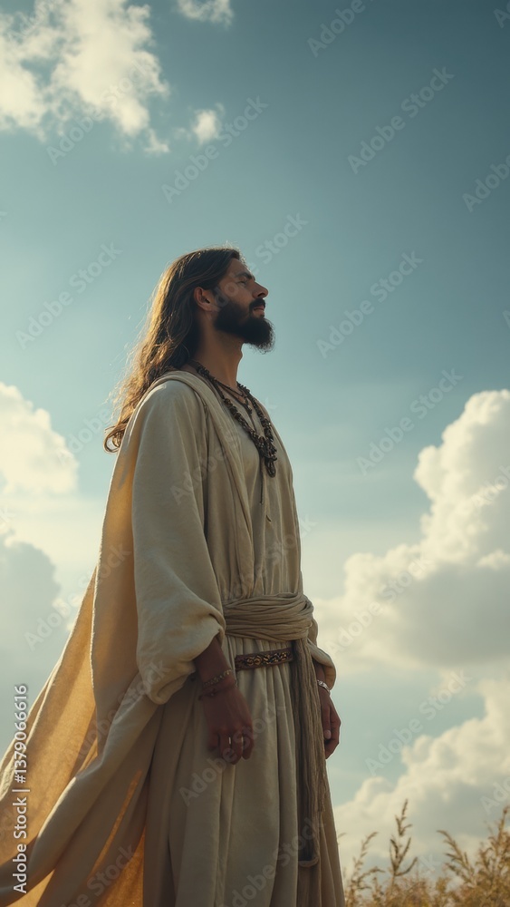 Fototapeta premium Man in a white robe stands in a field with clouds in the sky. He is looking up at the sky