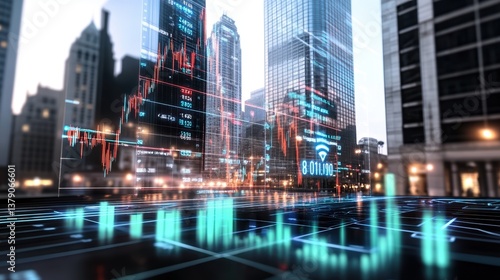Wallpaper Mural Cityscape at Night: Technology and Finance Converge in Downtown's Intelligent Urban Landscape with Digital Graphs and Neon Lights Torontodigital.ca