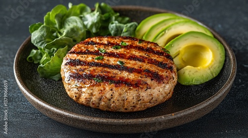 Grilled turkey burger patty with avocado and greens