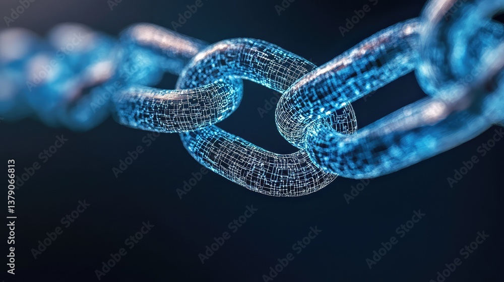 Abstract close-up of a futuristic digital chain link glowing in blue against a dark background, symbolizing technology, connectivity, and security in the digital landscape. Abstract close-up of a futuristic digital chain link glowing in blue against a dark background, symbolizing technology, connectivity, and security in the digital landscape.