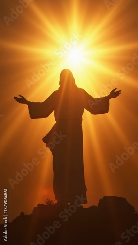 Silhouette of Jesus Christ is shown in the sun, with his arms outstretched. Concept of peace and hope