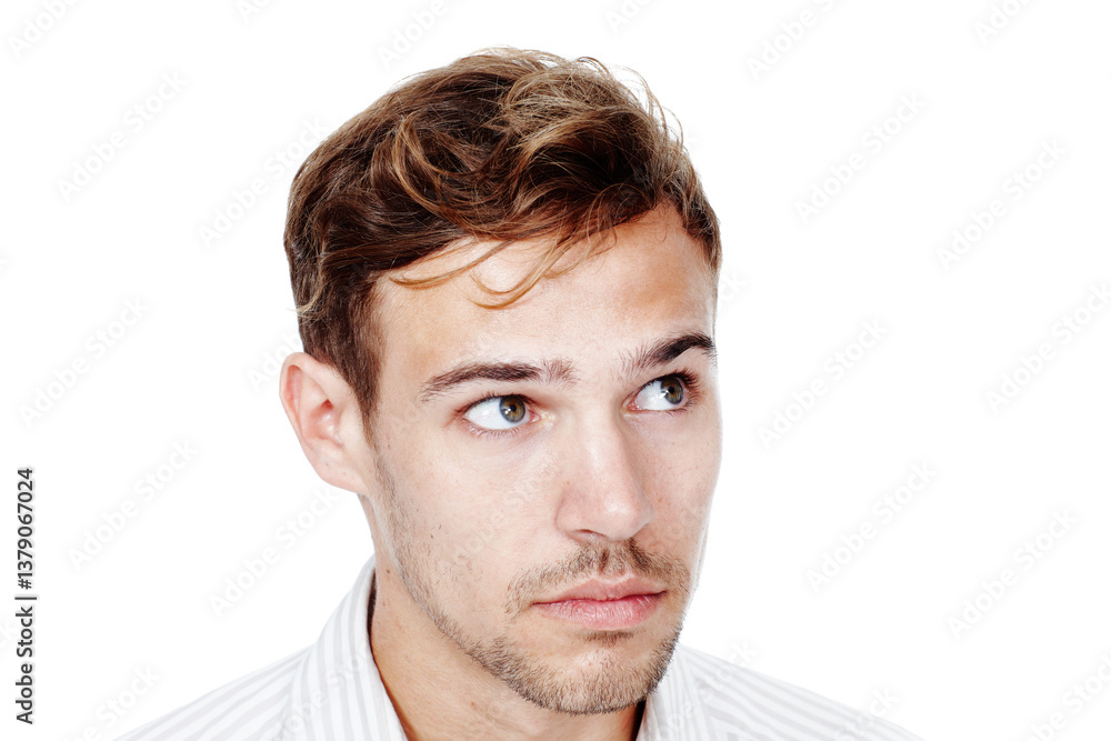 Business man, face and thinking of idea in studio for problem solving, reflection or perspective insight. Decision, planning or future with professional mindset or vision isolated on white background Business man, face and thinking of idea in studio for problem solving, reflection or perspective insight. Decision, planning or future with professional mindset or vision isolated on white background