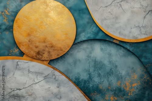 Abstract Composition of Metallic Gold and Turquoise Circles on a Textured Bac...