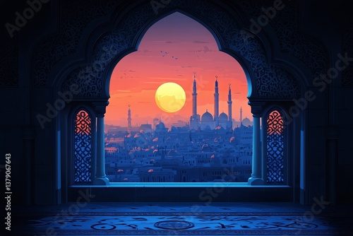 Sunset View From Ancient Archway Overlooking City Skyline With Minarets and V...