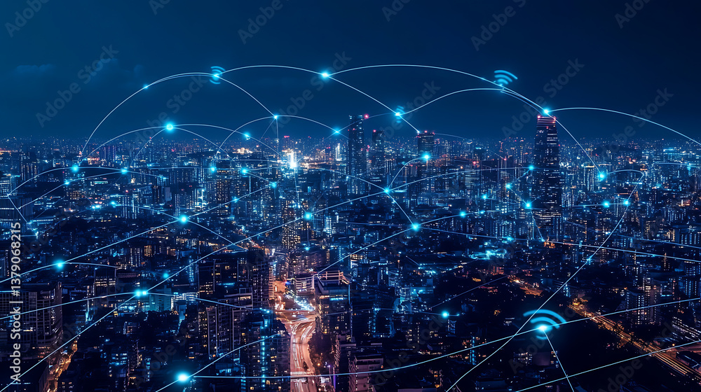 Global network connection, covering the city with lines of innovative perception, the concept of 5g wireless digital communication and the future of the internet of things Global network connection, covering the city with lines of innovative perception, the concept of 5g wireless digital communication and the future of the internet of things
