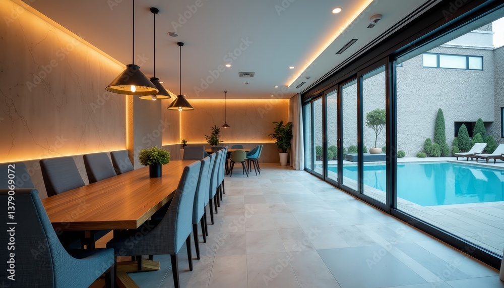 Modern dining area overlooking a serene pool with ample natural light during a bright afternoon Modern dining area overlooking a serene pool with ample natural light during a bright afternoon