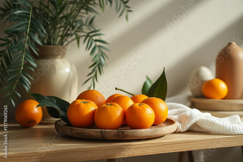 seven ripe oranges on rustic wooden tray with green leaves