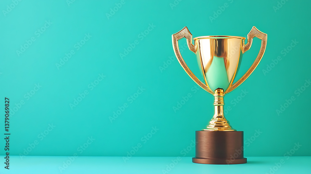 Golden trophy on turquoise background, winning theme with bright contrast, victory concept Golden trophy on turquoise background, winning theme with bright contrast, victory concept
