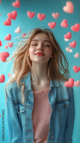 Joyful Young Woman Surrounded by Floating Hearts in a Light Blue Background S...