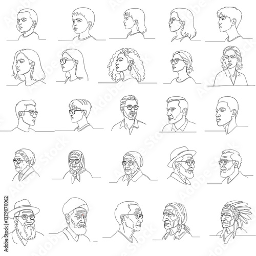 A set of various profiles of simple line drawing of people of different age, gender, nationality