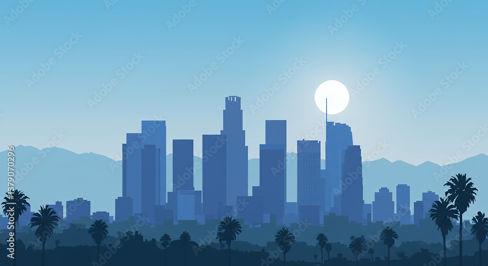 custom made wallpaper toronto digitalLos Angeles Skyline at Dawn: California Cityscape, Palm Trees & Rising Sun - Vector Art, LA, Cityscape, Sunrise, Nature, California Dreamin'