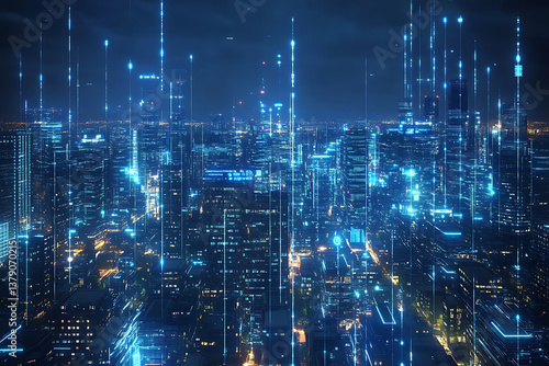 Wallpaper Mural connection, horizontal, no people, photography, abstract, circuit board, technology, city, computer network, backgrounds, complexity, concepts, data, futuristic, illuminated, internet, night, blue, la Torontodigital.ca