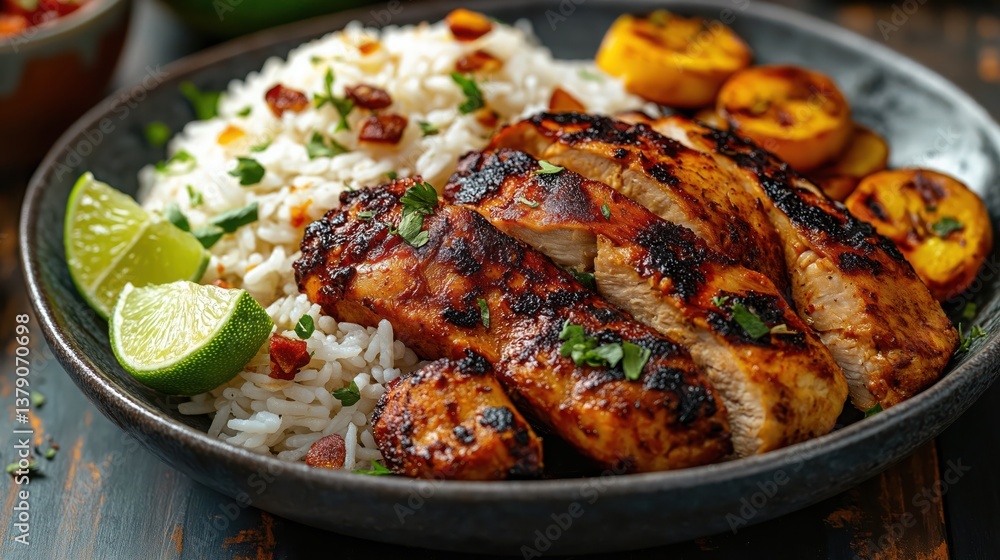 Grilled Chicken and Rice Meal with Citrus Herbs: A Healthy, Appetizing Plate of Flavorful Ingredients Grilled Chicken and Rice Meal with Citrus Herbs: A Healthy, Appetizing Plate of Flavorful Ingredients