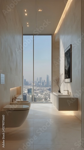 Modern Bathroom Design With City Skyline View During Daytime