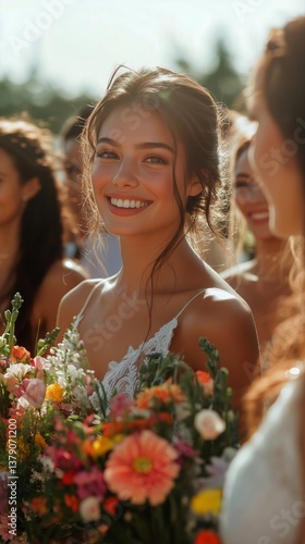 Bridal Party Enjoys a Joyful Moment During Outdoor Wedding Ceremony at Sunset