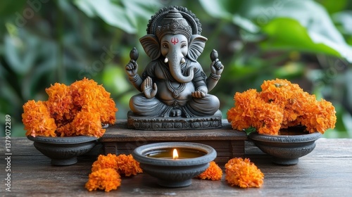 Ganesha statue with marigold flowers and lit oil lamp arranged on wooden surface, set against a lush green background for a serene spiritual ambiance