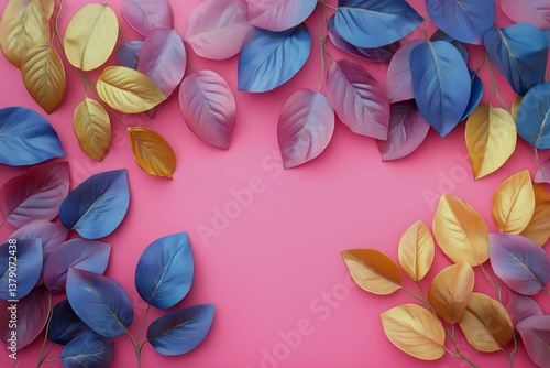 Colorful Leaves Arranged on a Vibrant Pink Background Create an Artistic Display