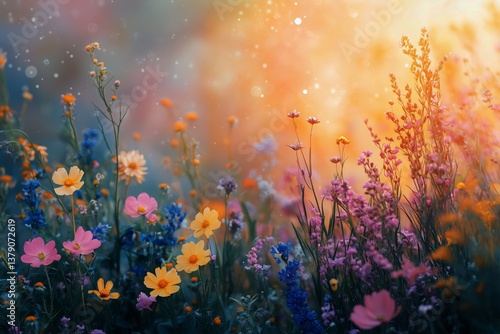 Colorful Wildflowers Bloom During Golden Hour in a Vibrant Meadow