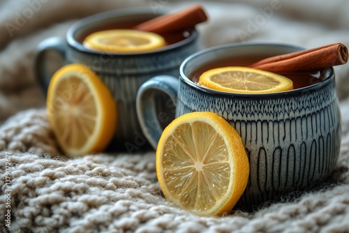 Warm Lemon Tea With Cinnamon Sticks Served in Dotted Mugs on a Cozy Blanket