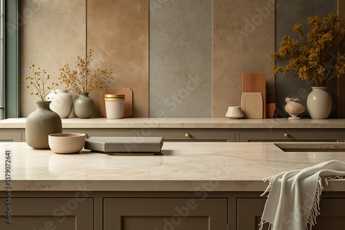 sleek modern kitchen island with beige countertop and earthy decor