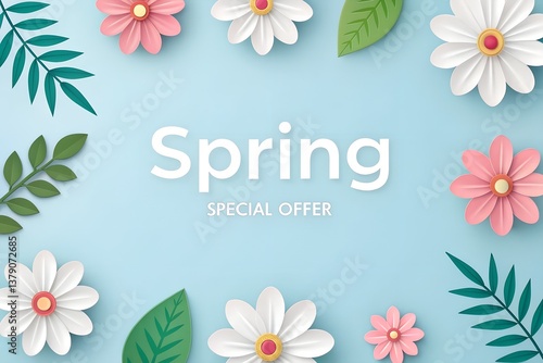 Spring-themed floral design featuring pink, white, and green flowers with the text Spring and Special Offer, ideal for seasonal promotions.
